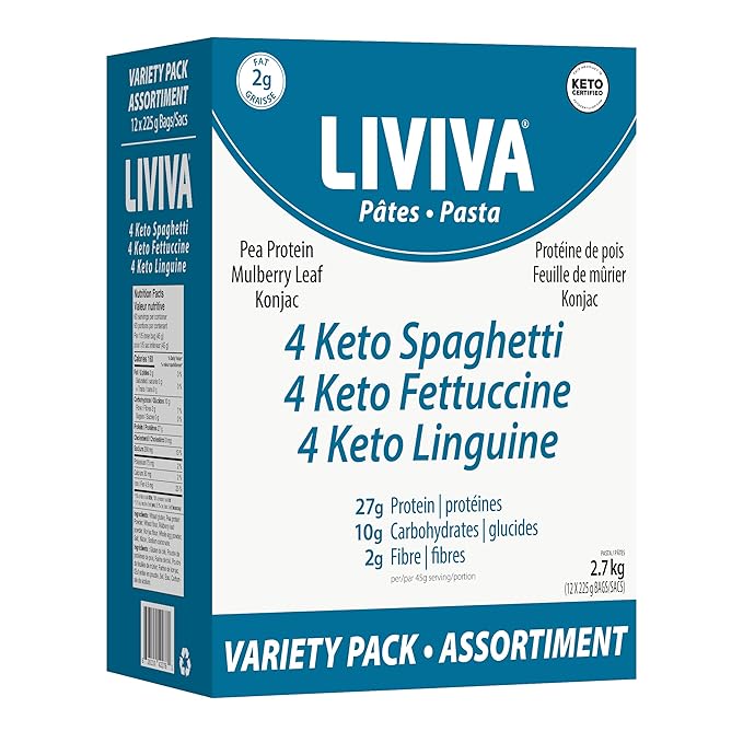 LIVIVA High Protein Low Carb KETO Pasta Variety Value Pack (Case of 12: 4 X Linguine 4 X Spaghetti 4 X Fettuccine) 371% more Protein 70% Less Carbs - Made with Pea Protein Mulberry Leaf and