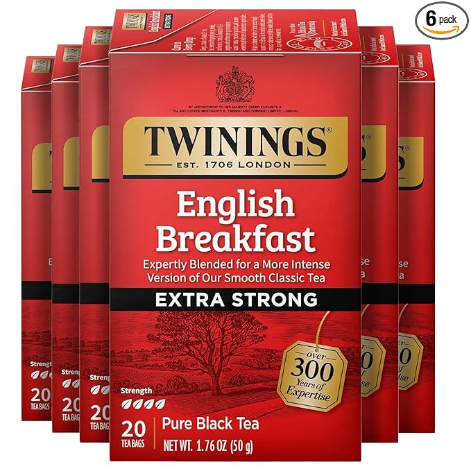 Twinings Extra Strong English Breakfast Black Tea Individually Wrapped Bags 20 Count (Pack of 6) Robust Caffeinated Enjoy Hot or Iced 120 Teabags