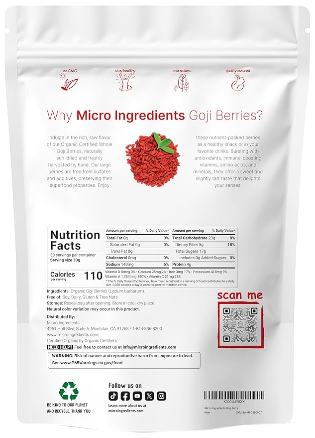 Micro Ingredients Organic Goji Berries 2lbs (32oz) | Large Whole Sun-Dried Berries | Raw Superfood Wolfberries | Natural Flavor for Trail Mix Juice &amp Tea | Sulfate Free Vegan Friendly Non-GMO