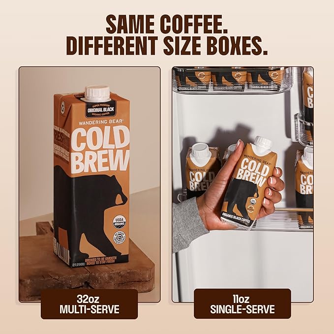Wandering Bear Espresso Roast Organic Cold Brew Coffee On Tap Iced Coffee Drink - Extra Strong Smooth No Sugar Added Shelf-Stable Ready to Drink 100% Organic &amp Vegan - 16 Servings of 6fl.oz
