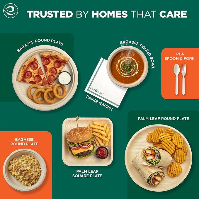 ECO SOUL 9 Inch Compostable Disposable Paper Plates [400 Pack] Food Safe 100% Virgin Bagasse Pulp Heavy Duty Biodegradable Microwave Safe Large Round Dinner Plate for Party Picnic &amp BBQ (Brown)