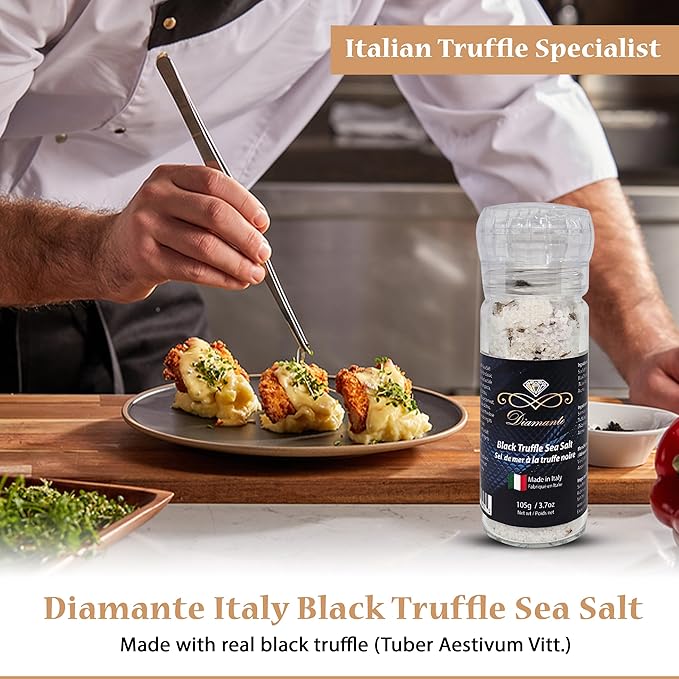 Diamante Italy Black Truffle Sea Salt with Glass Grinder - Gourmet Truffle Salt Seasoning - Specialty Seasoning - Non GMO &amp Made in Italy - 105g