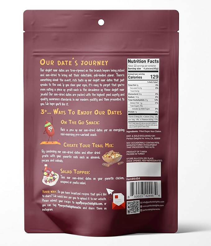 Perfect Delights Dates Vegan Sun-Dried Pitted Dates Healthy Fruit Snack for Kids and Adults - Single Pack (32 oz)