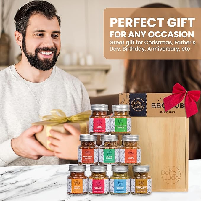 BBQ Rub Gift Set - Spice Gift Set in Premium Wooden Box - Great Grilling Gift for Father’s Day Christmas Birthday for Him Dad Men or Her - Unique Barbecue Seasonings (Set of 9)