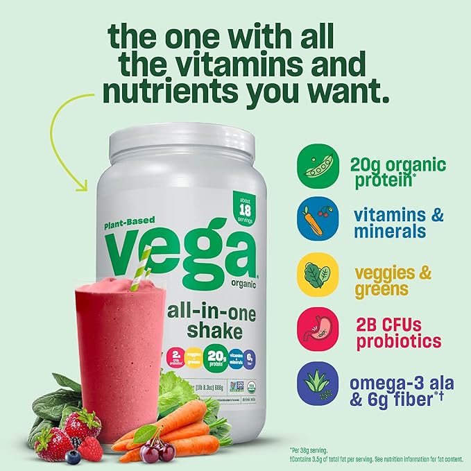 Vega Organic All-in-One Vegan Protein Powder Chocolate Mint - Superfood Ingredients Vitamins for Immunity Support Keto Friendly Pea Protein for Women &amp Men 1.6 lbs (Packaging May Vary)