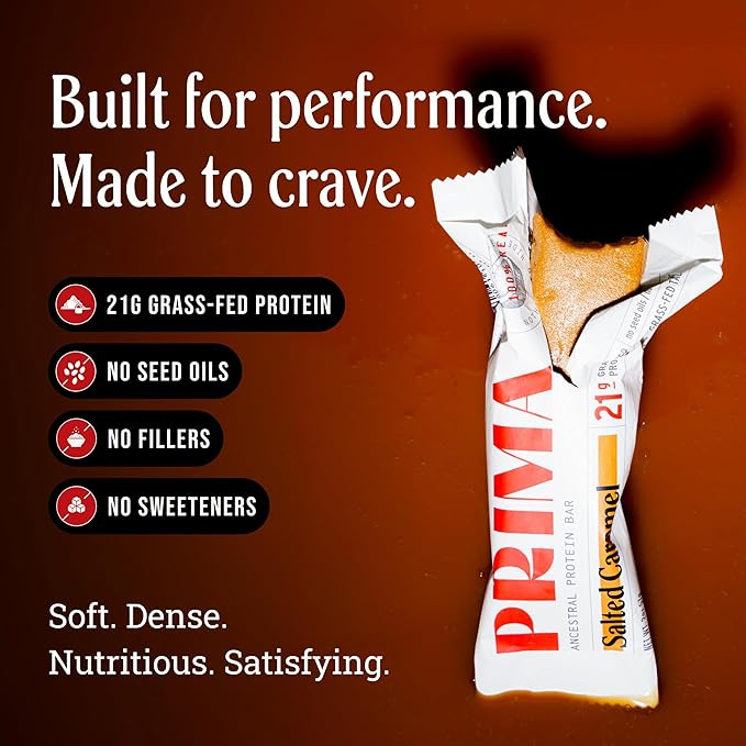 Prima Ancestral Protein Bar | Grass Fed 21g Protein Salted Caramel | Beef Tallow Raw Honey Egg Yolk | Seed Oil Free No Artificial Sweeteners | 7 Pack
