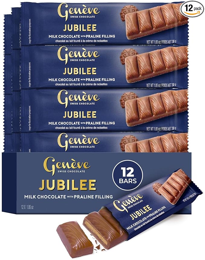 Genève Swiss Milk Chocolate Bars with Praline Filling 1 oz (12 Pack) | Geneve Jubilee | Individually Wrapped | Rich &amp Creamy | Kosher (including Passover)