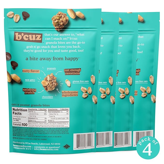 B'cuz Granola Bites 4-Bag Gluten Free Healthy Snacks for adults Healthy Granola Gluten Free Snack - Kosher Snacks for Kids Vegan Snack - 3 oz Oats 'n Peanuts (Pack of 4)