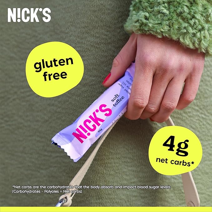 NICKS Soft Toffee Chocolate Candy Bar with Caramel Sauce Without Added Sugar110 Calories 3.5 Net Carbs Gluten Free Low Carb Candy – 15-Pack (28g Each)