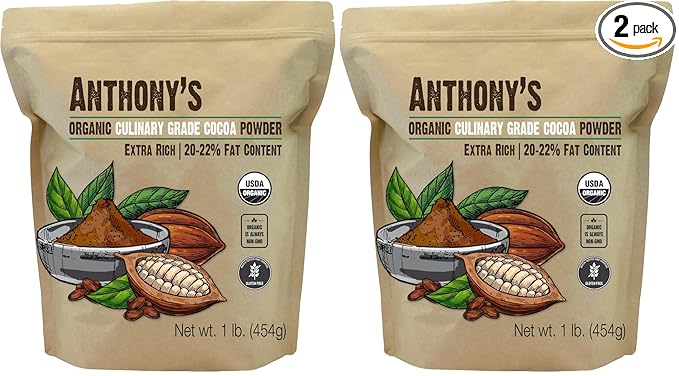 Anthony's Organic Culinary Grade Cocoa Powder 1 lb Dutch Processed Baking Cocoa Gluten Free Non GMO Keto Friendly (Pack of 2)