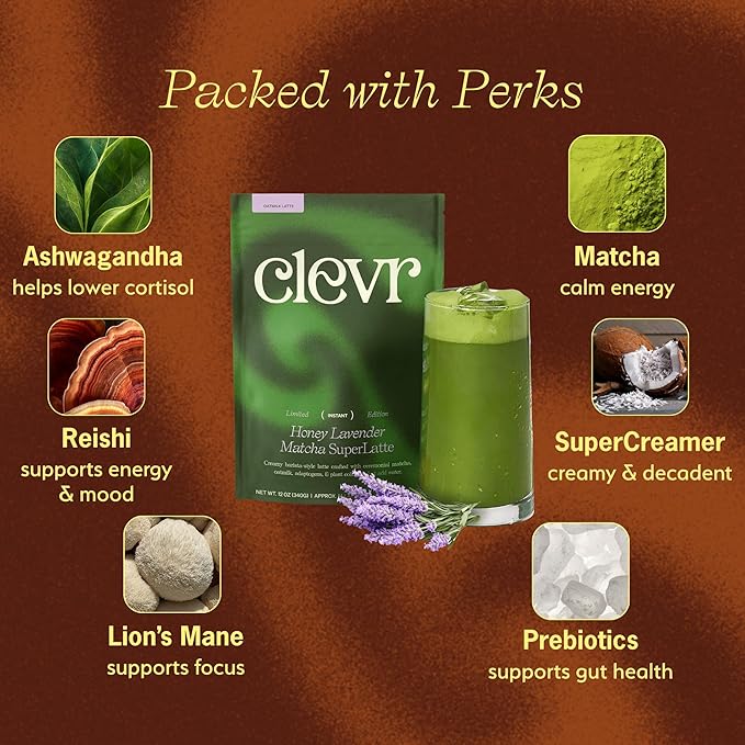 Clevr Honey Lavender Matcha SuperLatte Instant Ceremonial Grade Superfood Powder Blend Oat Milk Lion Mane Reishi Mushroom Coconut Cream Ashwagandha Serve Hot or Iced (14 Lattes)