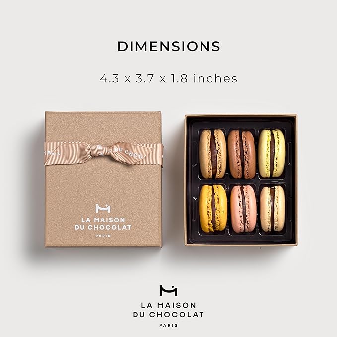 LA MAISON DU CHOCOLAT Macaron Gift Box - Gourmet French Dark Chocolate Filling with Shells in Assorted Flavors (6 Pieces)