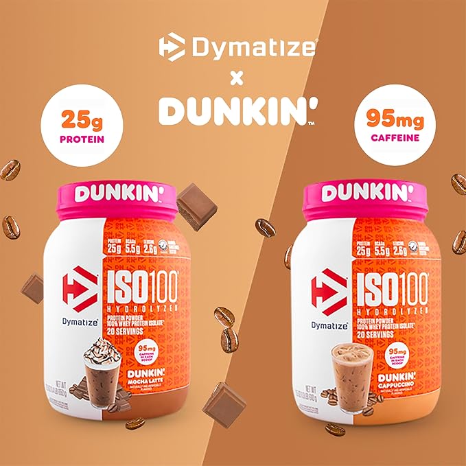 Dymatize x Dunkin' Mocha Latte ISO100 Whey Protein Powder 95mg Caffeine 25g of Protein 20 Servings 5.5g BCAAs 120 Cal. Gluten Free 1g Fat 1g Sugar 3g Carb