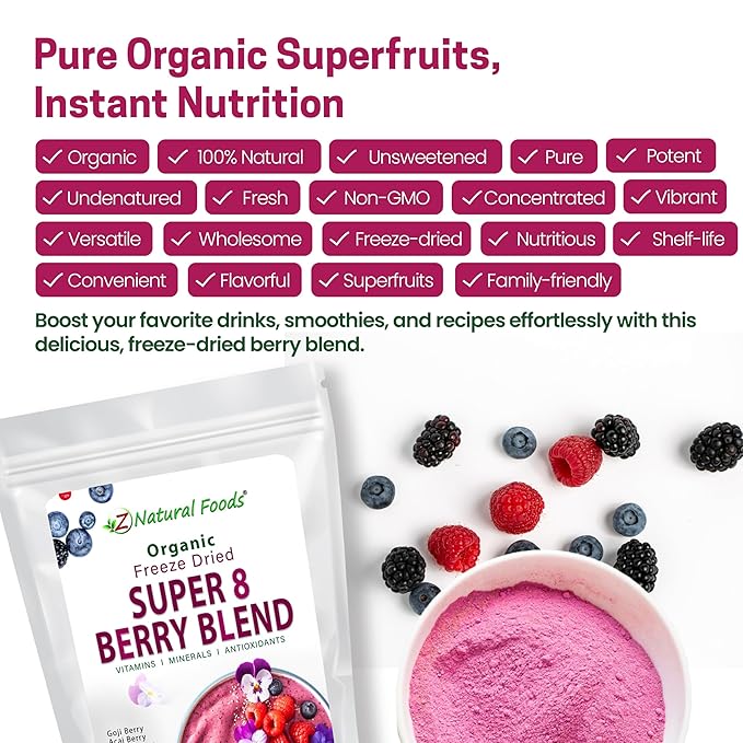 Z Natural Foods Super 8 Berry Blend - Organic Freeze Dried Berry Powder Fruit Superfood Powder - Delicious Powdered Fruit Berry Antioxidant Powder for Smoothies Yogurts Healthy Drink Mix 1 lb