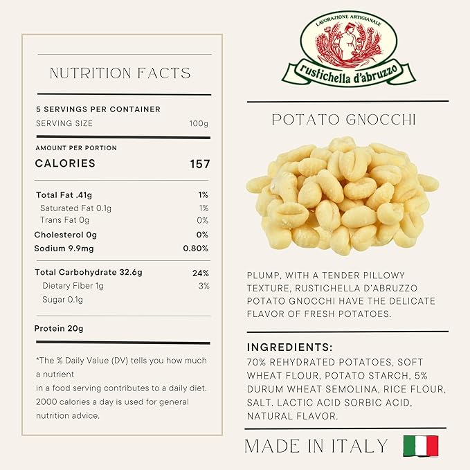 Rustichella d'Abruzzo Potato Gnocchi (Pack of 3) 500g Traditional Italian Dumplings - Soft Pillowy Texture - Cooks in Just 2 Minutes - Perfect for Hearty Sauces