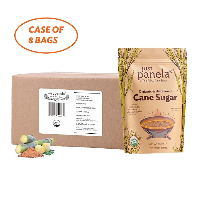 Just Panela Organic Unrefined Cane Sugar 1 Pound Pack of 8 | 100% Unprocessed Raw Sugar | Great for Baking Cooking &amp Sweetening | Healthier Alternative to Regular Refined Sugar