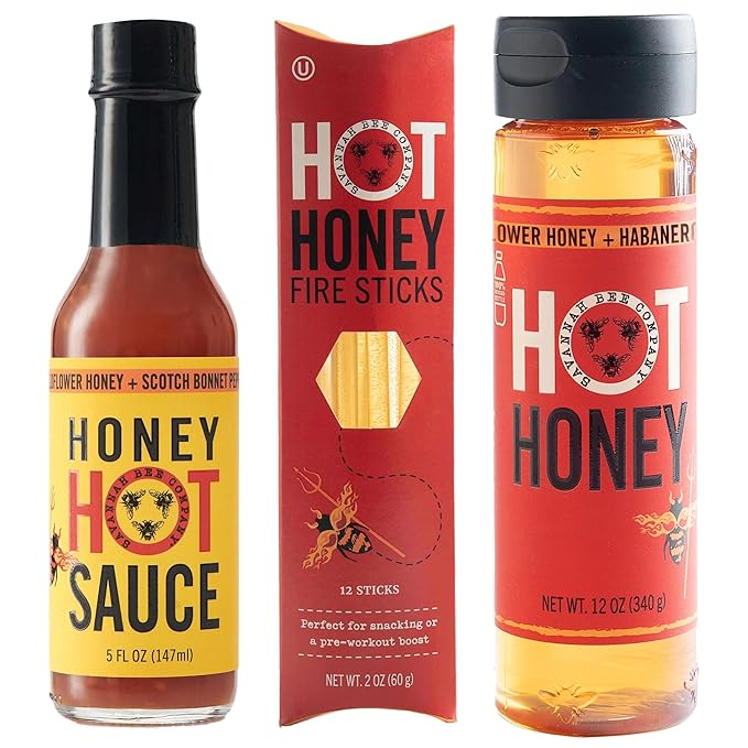 Savannah Bee Company Hot Honey Box Gift Set - Award-Winning Honey Collection - Includes Hot Honey Sauce and Fire Sticks - Perfect Gourmet Gift for Spice Lovers