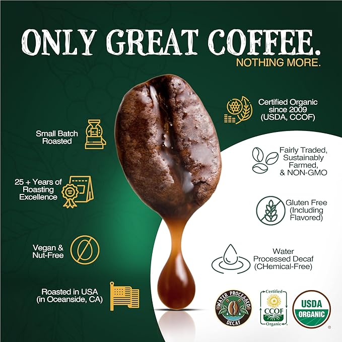 The Bean Organic Coffee Company Water Processed DECAF Chocolate Macadamia Nut Medium Roast Ground Coffee 16-Ounce Bag Café Molido Tostado Orgánico descafeinado