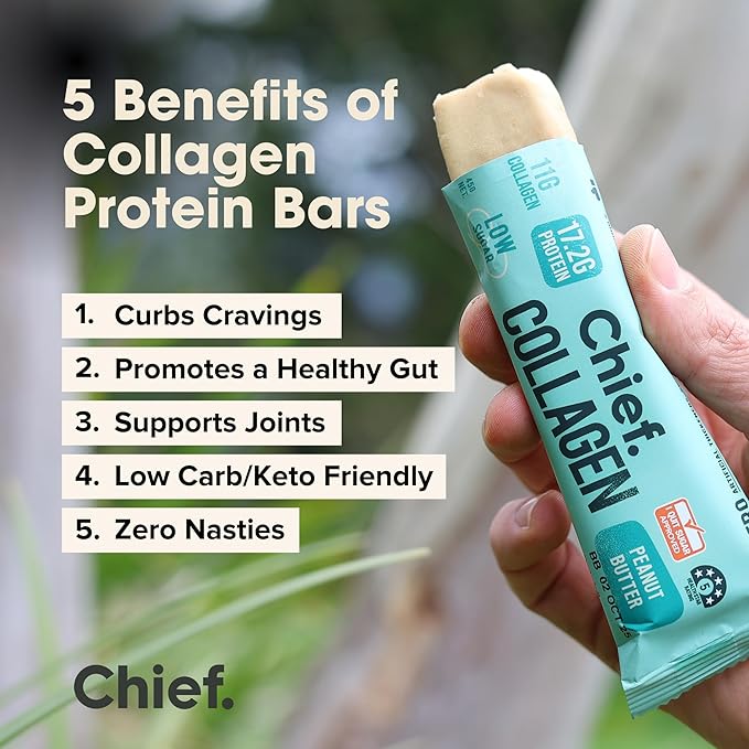 Chief Collagen Protein Bar Peanut Butter 100% Natural Ingredients Keto &amp Paleo Friendly Snack Gluten Free &amp Low Sugar 12 Pack