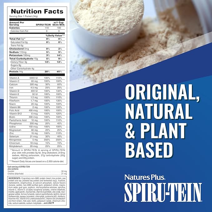 NaturesPlus SPIRU-TEIN Banana - 8 Total Packets - Plant-Based Protein Shake - Non-GMO Vegetarian Gluten Free - 8 Total Servings