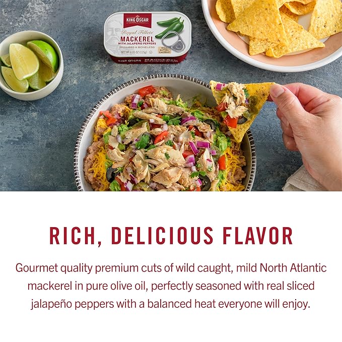 King Oscar Mackerel in Olive Oil with Jalapeño Peppers 4.05 Ounce Cans (Pack of 12 Packaging May Vary) Skinless &amp Boneless Wild Caught Canned Mackerel
