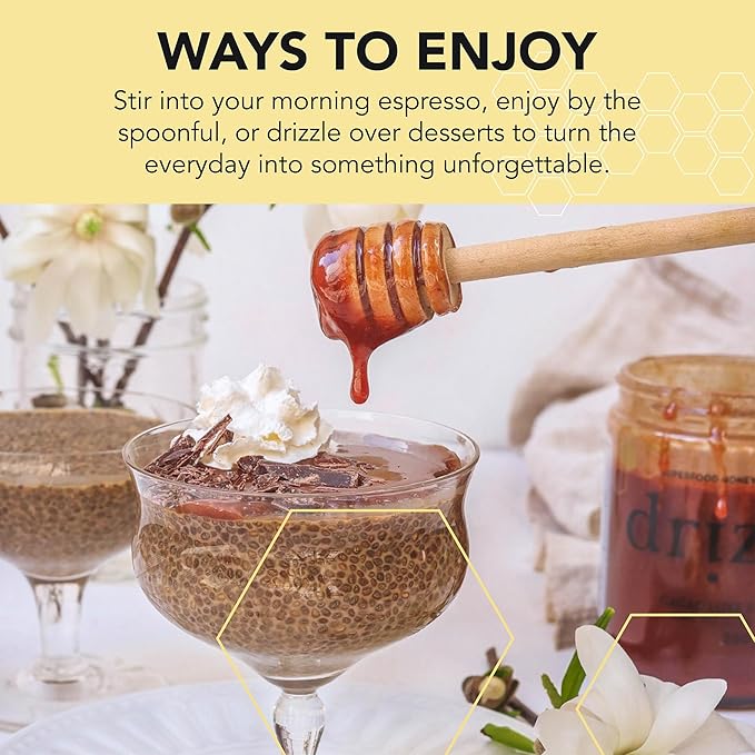 Drizzle Cacao Luxe Raw Honey - All Natural Pure Raw Honey with Organic Cacao Unfiltered &amp Unheated Use in Tea &amp Coffee Sugar Substitute Certified Kosher - 13.2 oz Jar (375 g)