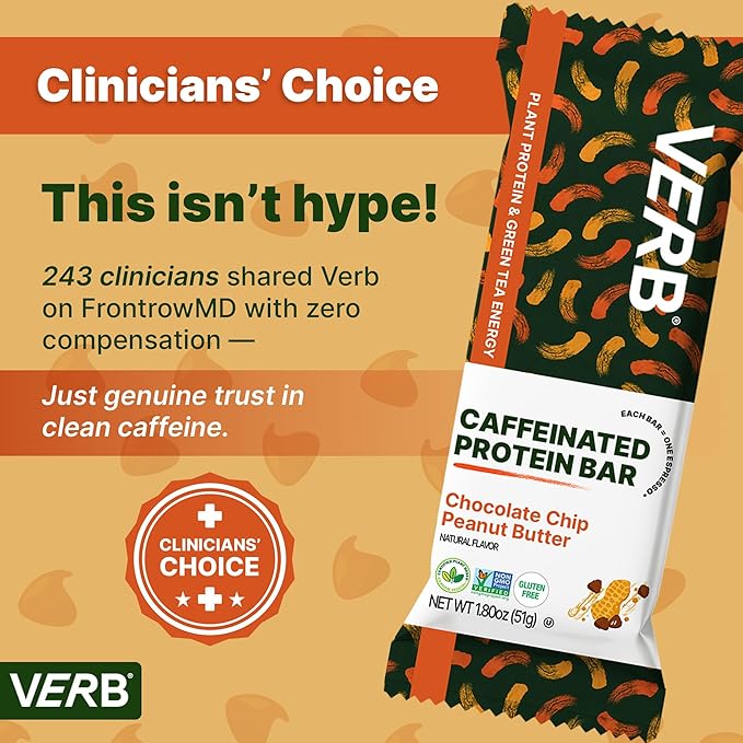 Verb Energy - Caffeinated Protein Bars Chocolate Chip Peanut Butter 10g Plant Based Protein Bars High Protein - Vegan Snack - Gluten Free Breakfast Snack with Organic Green Tea 51g (Pack of 12)