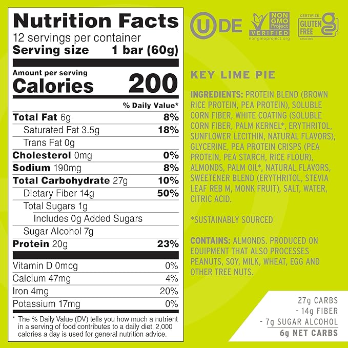 No Cow Vegan Protein Bars Upgraded Key Lime Pie | 20g Plant Based Protein Gluten Free Dairy Free Soy Free Keto Friendly Low Sugar High Fiber Snack Bars | Pack of 12