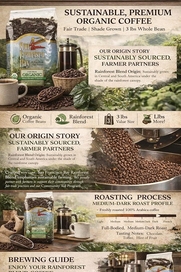 San Francisco Bay 100% Organic Coffee Rainforest Blend Whole Bean 3 Lbs