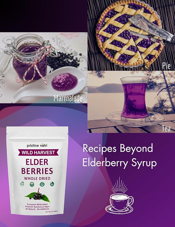 Elderberries Dried Bulk | Whole European Elderberry Dried Wildcrafted All Natural | Non-GMO Non-irradiated | Immunity Booster Antioxidants and Vitamins | Make Syrup Tea| 2 lb (32 oz)