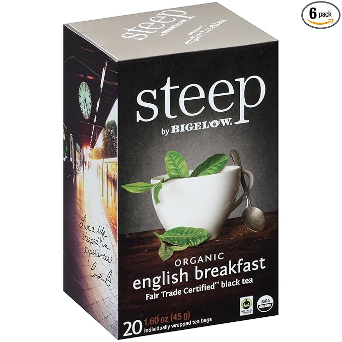 steep by Bigelow Organic English Breakfast Black Tea Caffeinated 20 Count (Pack of 6) 120 Total Tea Bags