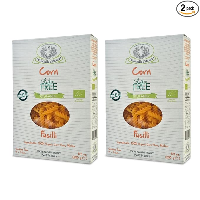 Rustichella d'Abruzzo Organic Corn Fusilli (Pack of 2) 250g Each - Gluten-Free Pasta - Subtle Corn Flavor - Spiral Shape for Hot &amp Cold Dishes