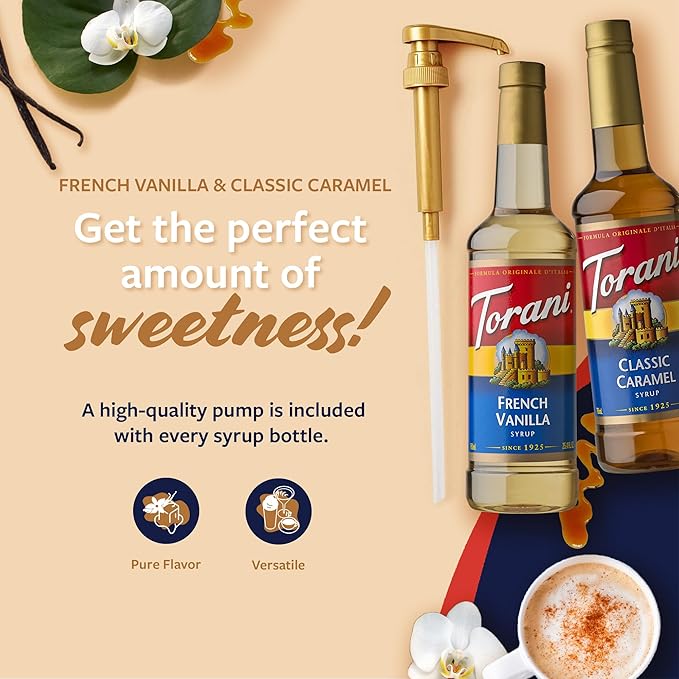 Torani Syrups Classic Caramel and French Vanilla Syrup Variety 2-Pack Coffee Syrups for Drinks Pumps Included 25.4 Fl Oz Ea
