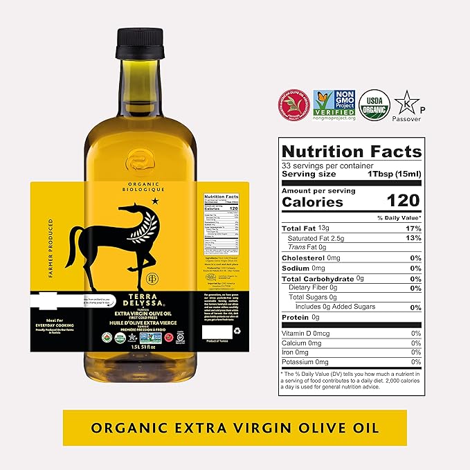 Terra Delyssa First Cold Pressed Organic Extra Virgin Olive Oil Single Sourced 1.5L Dark Plastic Bottle (51 fl. oz) - 1 Pack Certified Kosher. Non-GMO Naturally Rich in Antioxidants and Polyphenol