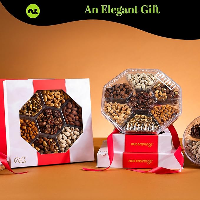 NUT CRAVINGS - Easter Mixed Nuts Gift Basket in Red Gold Box (7 Assortments 2 LB) Ramadan Gifts Treats for Adults Food Arrangement Healthy Snack Care Package Kosher