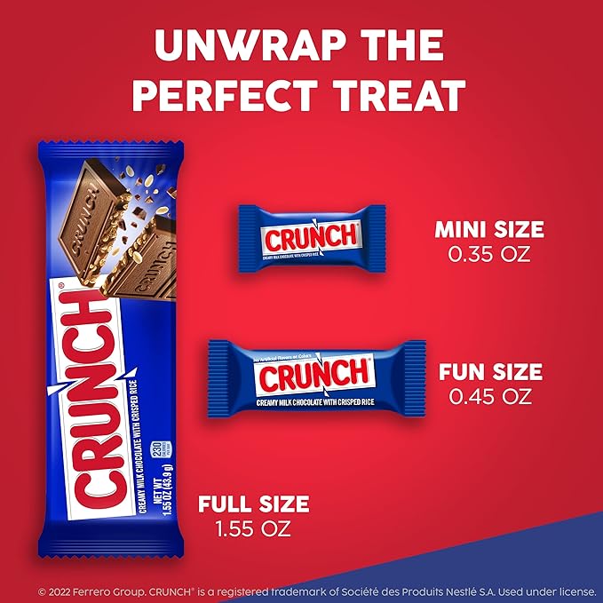 CRUNCH Milk Chocolate and Crisped Rice Full Size Individually Wrapped Candy Bars 1.55 oz each (Pack of 2)