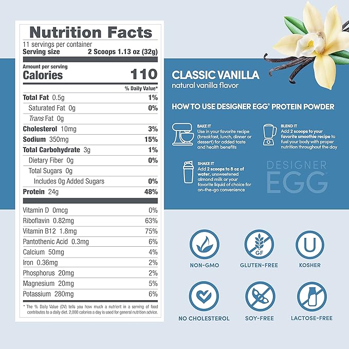 Designer Wellness Designer Egg Natural Egg Yolk &amp Egg White Protein Powder Keto and Paleo Friendly Low Calorie Less Fat and Cholesterol Classic Vanilla 1.55 Pound