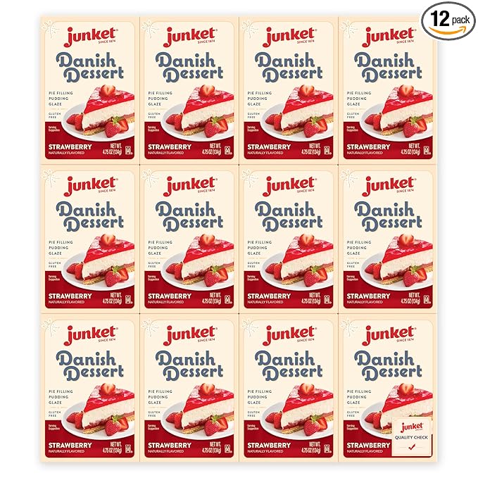 Junket Danish Dessert Strawberry Mix - for Strawberry Pie Filling Cheesecake Topping Sauces Puddings and Glazes. Easy! Add Water Heat 60 Seconds Add Fresh Fruit - Enjoy! 4.75 Ounce (Pack of 12)