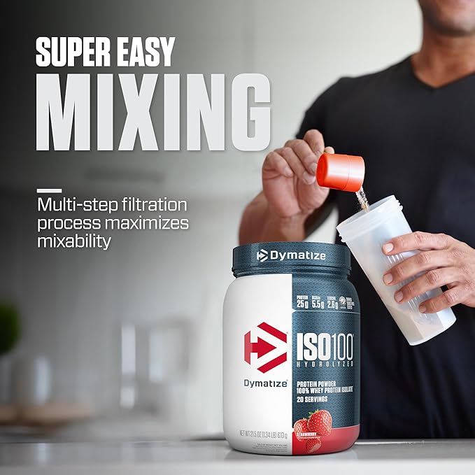 Dymatize ISO100 Whey Protein Powder Isolate Strawberry 25g of Protein 5.5g BCAAs Less Than 120 Cal. Gluten Free 1g Fat 1g Sugar 2g Carb (20 Servings)
