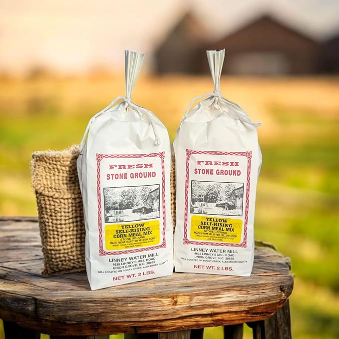 Stone Ground Southern Staples | Cornmeal Grits &amp Pancake Mixes | Made by Linney’s Water Mill North Carolina | Includes Southern Recipe Card (Cornmeal - Yellow Corn)