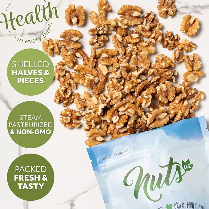 NUTS U.S. – California Raw Walnuts (No Shell) – Fresh Chandler Variety with a Mild Buttery Crunch – A Delicious Source of Protein Fiber &amp Omega-3 – Non-GMO Vegan &amp Gluten-Free – Resealable