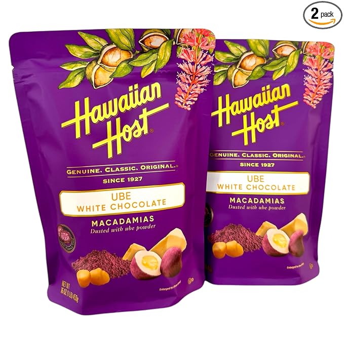 Hawaiian Host Ube White Chocolate Macadamias 2-Pack (16 oz Each) – Premium Dry-Roasted Macadamia Nuts Coated in Ube Powder &amp Creamy White Chocolate