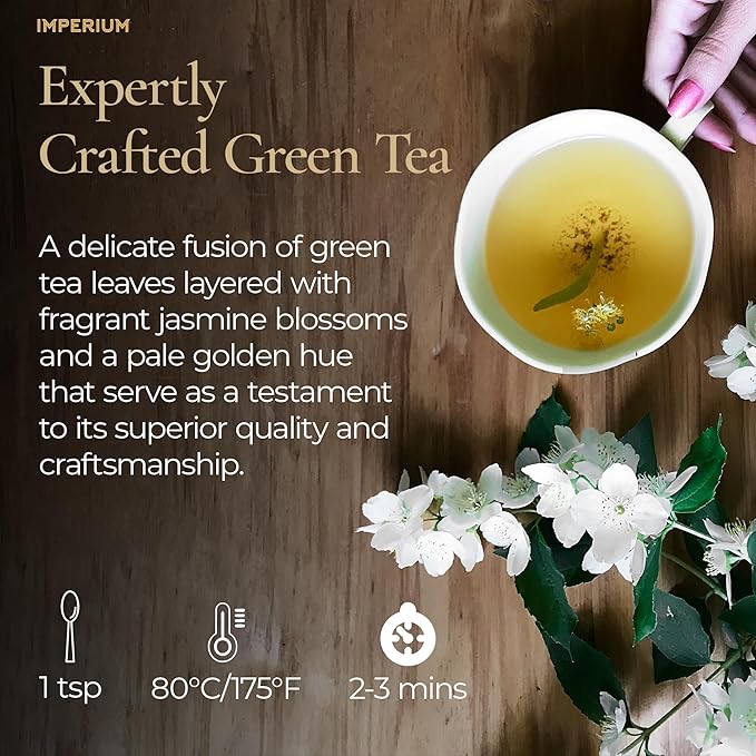 Imperium Spring Jasmine Green Tea Loose Leaf (4oz) Hand-Picked Premium Quality Brews 100 Cups Naturally Refreshing and Relaxation Beverage Delicate Floral Aroma Smooth and Soothing Finish