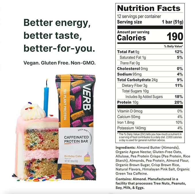 Verb Energy Caffeinated Bars – Lemon Energy (16) Chocolate Chip Cookie Dough Protein (12) Birthday Cake Protein (12) – 40 Count Variety Pack with Organic Green Tea