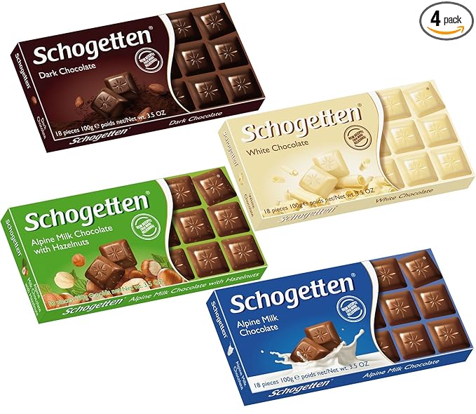 Schogetten Original German Chocolate Assortment Candy Bars Pre-selected Bundle of 4-Dark Chocolate White Chocolate Alpine Hazelnut 4x100g