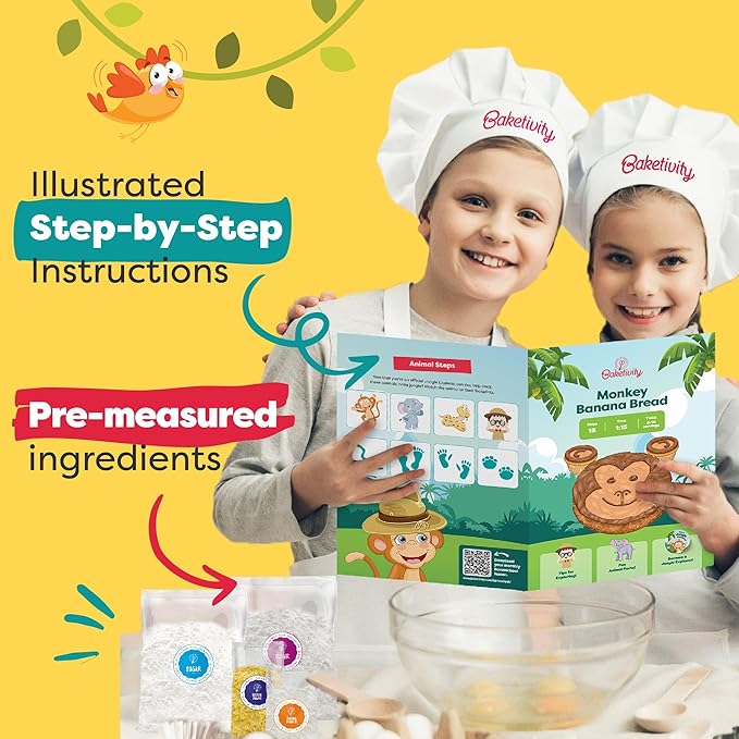 BAKETIVITY Monkey Banana Bread | Banana Cake Kids Baking Set for Girls &amp Boys | Baking Set for Kids with Pre-Measured Ingredients | Perfect Family Gifts for Cooking Lovers Ages 6-12