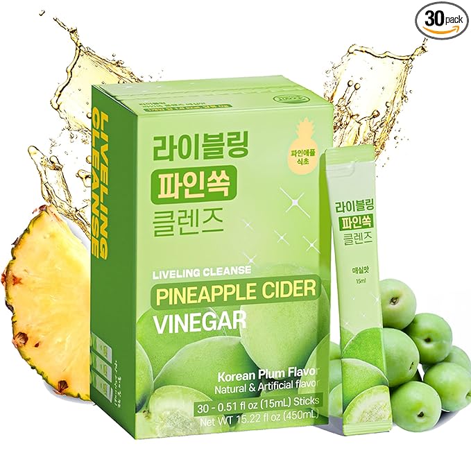 [Liveling] Pineapple Cider Vinegar Drink Stick &amp 3-in-1 Shot with ACV – Korean-Plum Flavor | Supports Digestion Daily Cleanse Sugar-Free Low-Calorie Portable On-The-Go Packets (30 sticks)