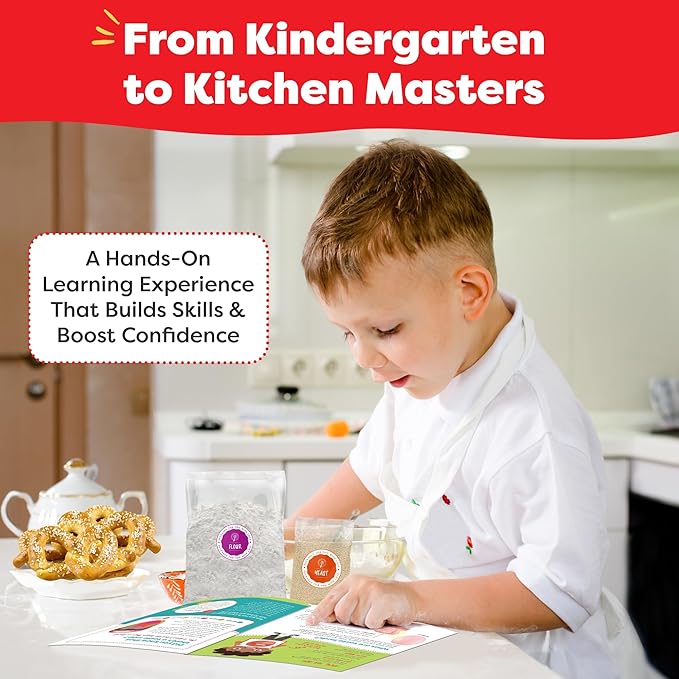 Baketivity Kids Baking Set Meal Cooking Party Supply Kit for Teens Real Fun Little Junior Chef Essential Kitchen Lessons Includes Pre-Measured Ingredients (Kit +Hat &amp Apron Pretzel)