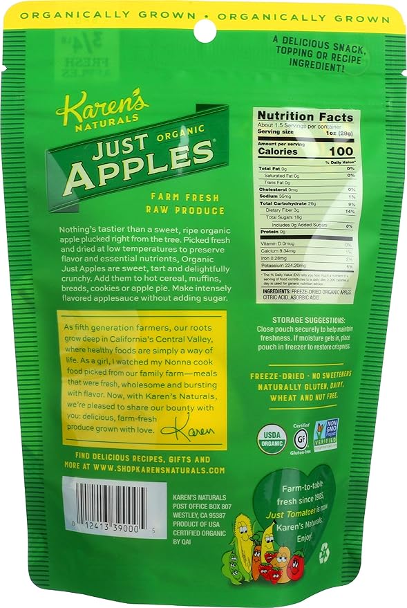 Karen's Naturals Organic Just Apples 1.5 Ounce Pouch (Packaging May Vary) Organic All Natural Freeze-Dried Fruits &amp Vegetables No Additives or Preservatives Non-GMO