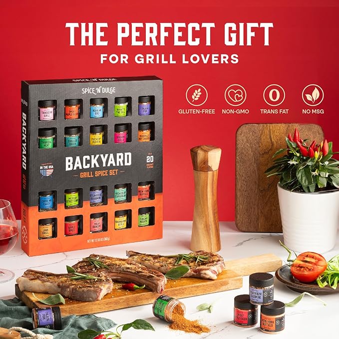 Grilling Spice Set Grill Seasoning Gifts 20 Unique Spices and Seasonings Jars Gift Set BBQ Gifts For Men Dad Husband Father Flavors Like Chili Cajun Garlic Steak Rub Herbs Blend and More